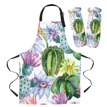 

Apron Kit Watercolor Cactus Flowers Kitchen Bib Oven Mitts for Cooking Gardening Woman Kids Aprons Cuff Baking Accessories