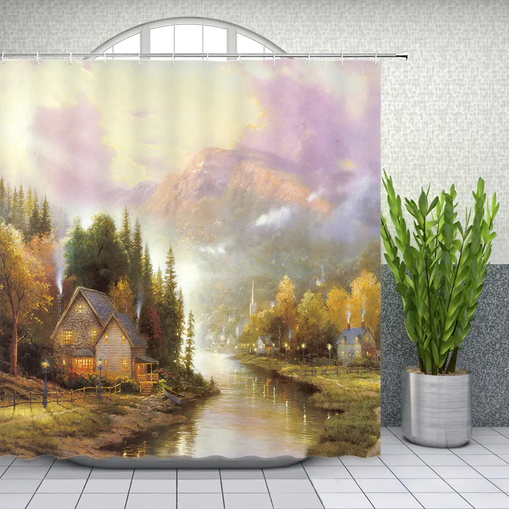 

Hot Sale Oil Painting Landscape Shower Curtains Retro Natural Scenery Theme Patting Bathroom Decor Waterproof Polyester Curtain