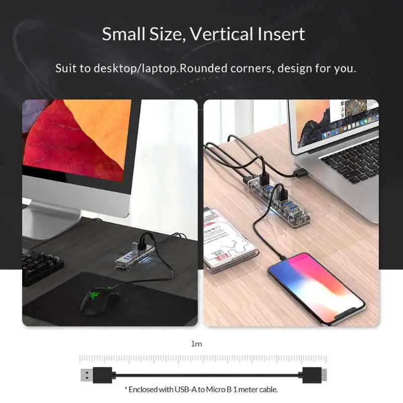 ORICO 7 портов USB3.0 прозрачный концентратор сплиттер с двойным Micro-USB порт питания 5 Гбит/с 3,0 usb-хаб поддержка Otg для Mac/Windows/L