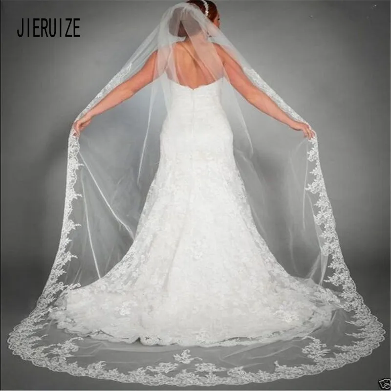 

JIERUIZE Bridal Veil Long With Comb Lace Appliqued Edge 2020 Tulle Bridal Veil One Layer Wedding Accessories