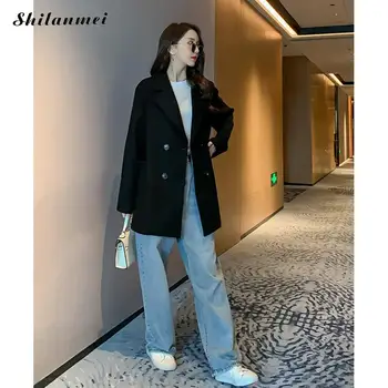

Winter Wool Blend Women Korean Woolen Coat Oversized Women Blend Coat Black Office Ladies Blazer Women Wool Jacket Streetwear