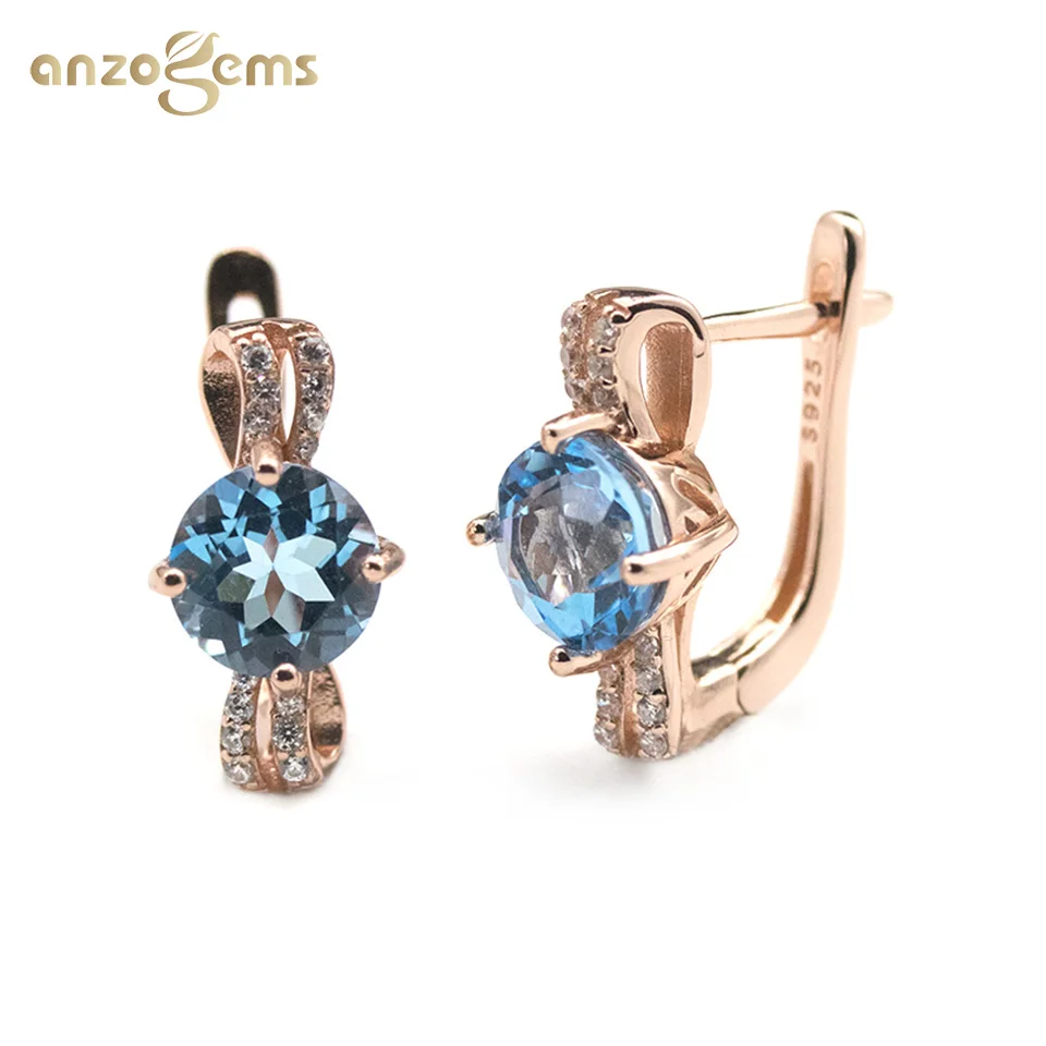 

Anzogems natural blue topaz stud earrings 925 sterling silver rose gold round 7.0mm gemstone fine jewelry for women's girl gift