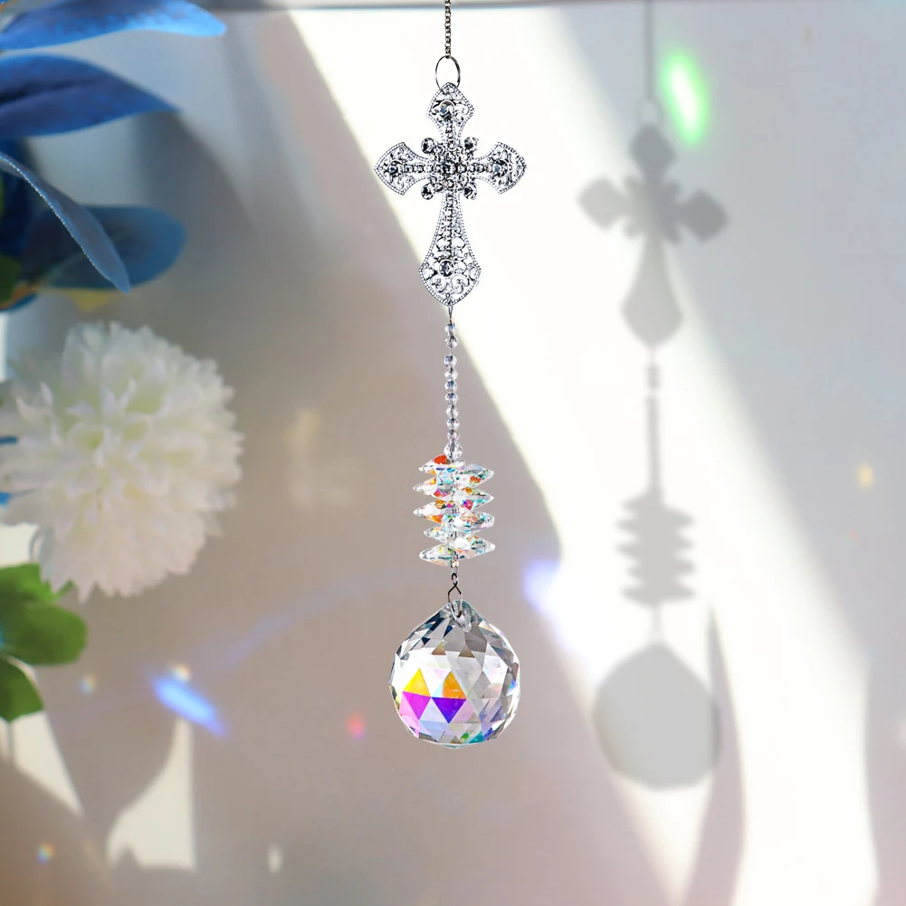 Crystal Colorful Ball Cross Chandelier Pendant Prism Hanging Ornament Window Outdoor Garden Decoration Gift | Дом и сад