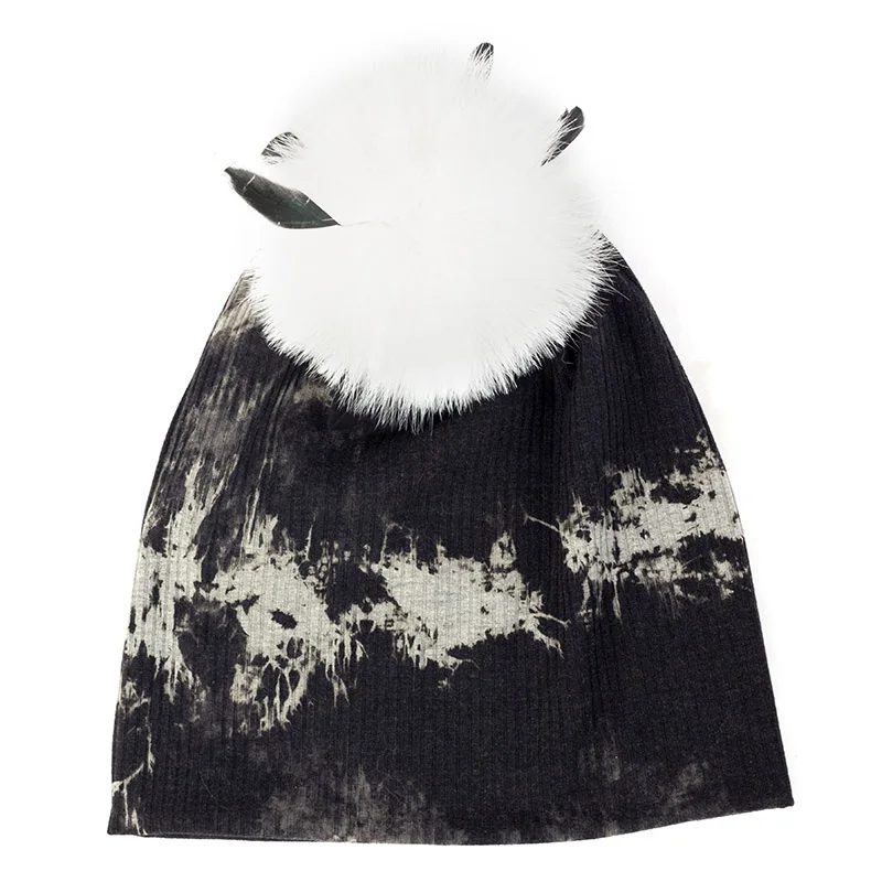 black gray white Charm Wood, стиль, унисекс, Tie Dye Beanie, шапка для женщин и мужчин, шапка с черепом, зима-осень, теплые ребристые шапки с меховым помпоном страуса - Цвет: black gray white