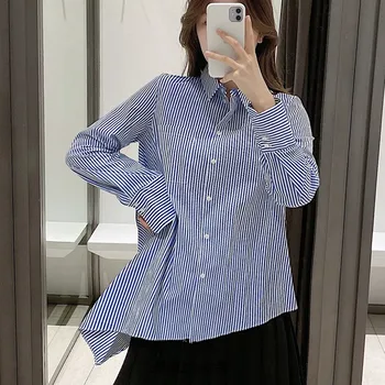

New Spring 2020 Shirts Women Europe Long Sleeve Cotton Ladies Blouses and Tops Striped Korean Style Women Clothing