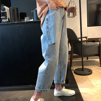 

Hole jeans women loose students new nine pants high waist Trousers thin straight wide leg harem pants drop shipping