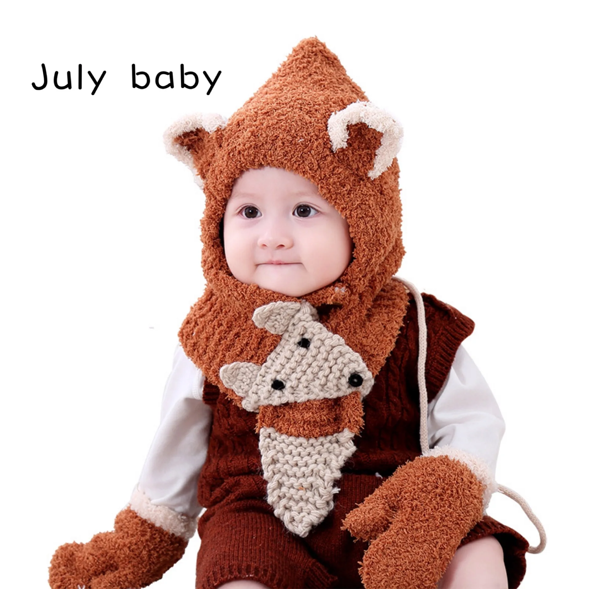 

July baby autumn and winter baby hat earmuffs knitted hat thickened boys and girls handmade plush hat gloves warm three-piece