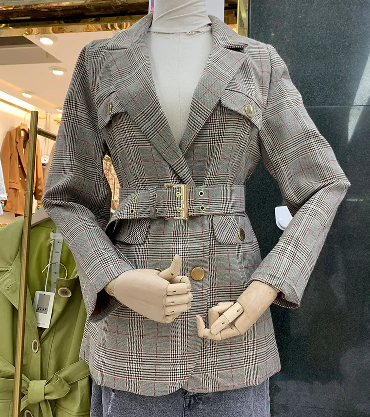 autumn and winter new loose long-sleeved lacing waist long section retro plaid suit jacket female