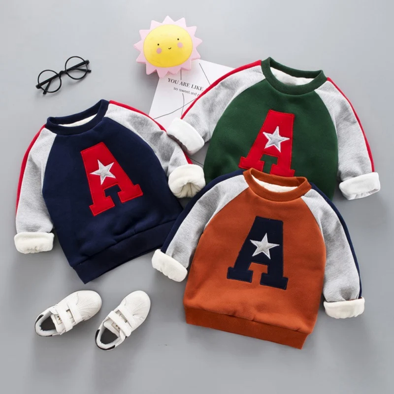 

Winter Toddler Boy Letter Printing Plus Velvet Thickening Long Sleeve Fleece baby Fashion Blouse