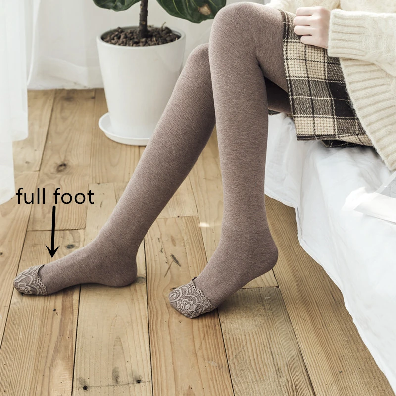Women Winter Thick Fleece Tights Lace Warm Pantyhose Full Foot Footless Ankle Length Tighs for Girls