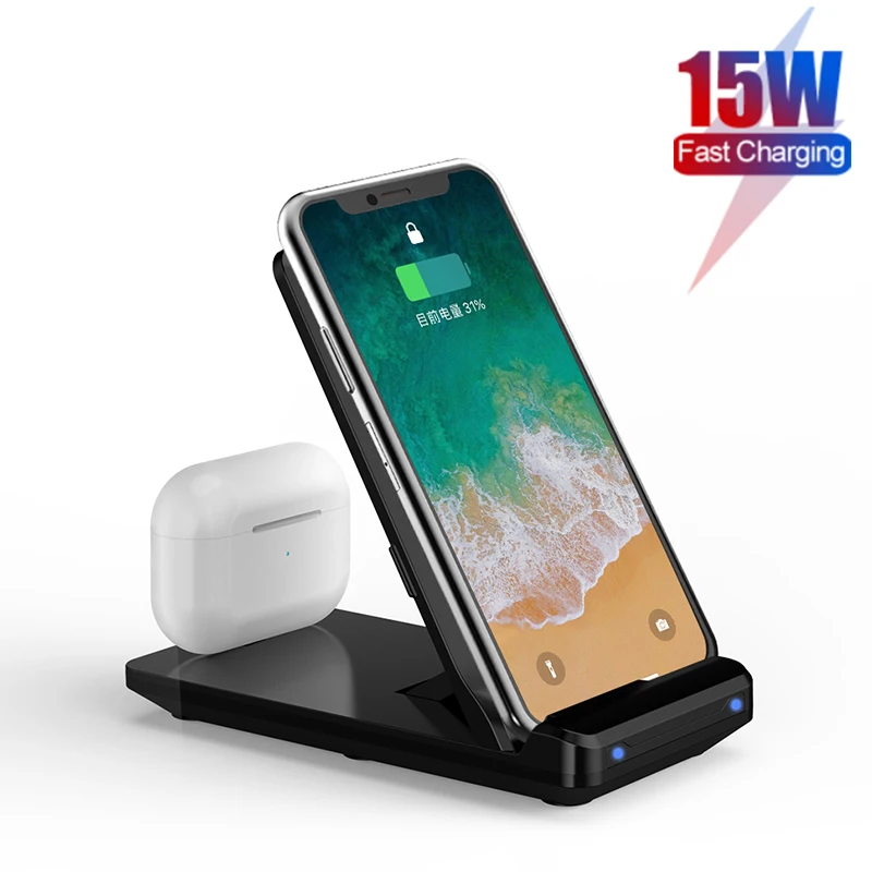 Складная Беспроводная зарядная станция Qi док-станция 2 в 1 для IPhone 12 11 XS XR X 8 AirPods Pro