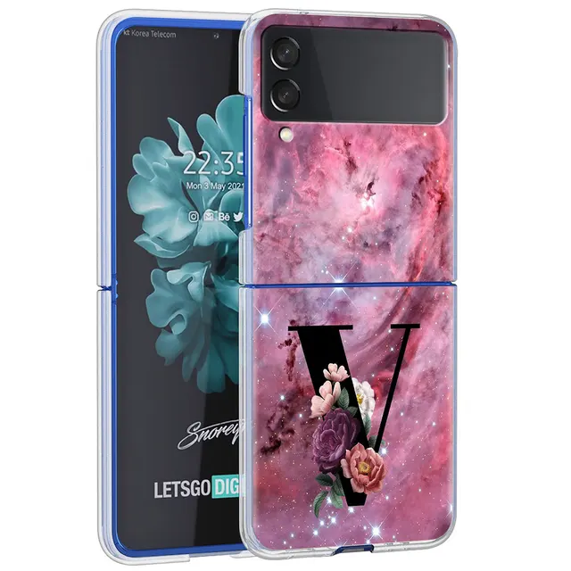 Letter A B Flowers Pink Case For Samsung Galaxy Z Flip 3 5G Transparent Hard Cell Phone Cover ZFlip3 Clear PC Luxury Fundas H22