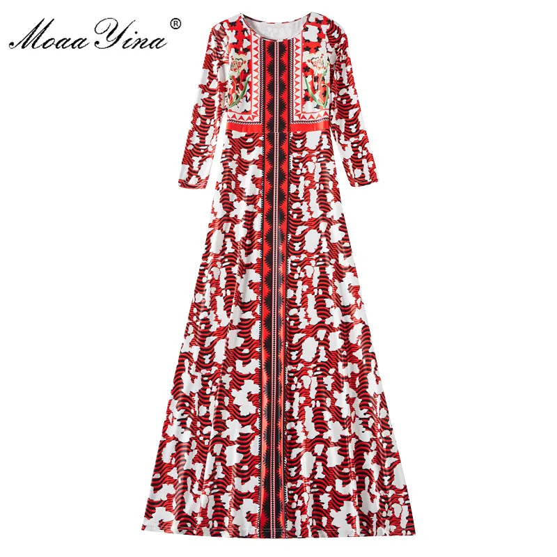MoaaYina модное дизайнерское подиумное платье Весна Осень женское платье с винтажным принтом узкие Макси-платья