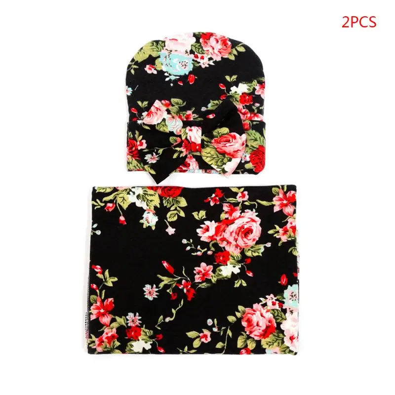 

2019 2 Pcs/set Baby Kids Bow-knot Cap Swaddle Wrap Set Newborn Print Wrapping Blanket Hat Photo Props