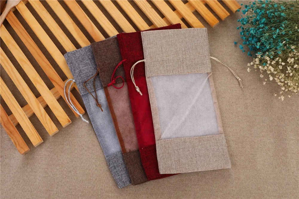 10 шт складной нижний мешок Drawstring Подарочный комплект Карманный завод одностороннее прозрачное окно красное вино Льняная сумка