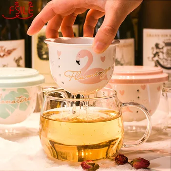 

FSILE Glass Cup Tea Separation Bubble Tea Cup Household Covered with Take Office Women Cute Ceramics with Filter Net Flower Tea