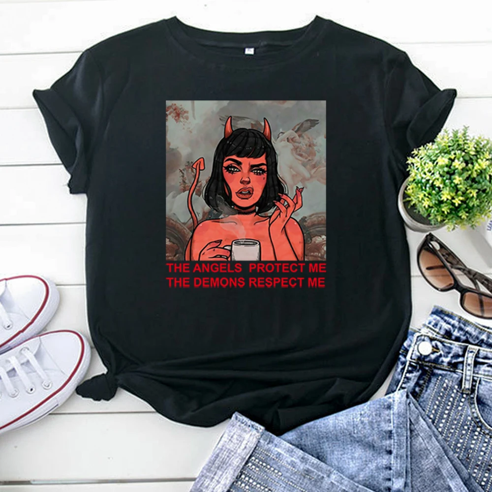 Cartoon Little Devil Girl Printing Womens Tshirts Gothic Harajuku Woman Tee Shirts High Quality Vintage T Shirts For Women'S