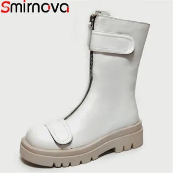 

Smirnova 2020 Genuine leather boots square heels round toe ladies shoes autumn winter black white color ankle boots