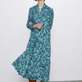

ZA women maxi dress green floral print full sleeve chic ladies loose elegant vocation style female dress