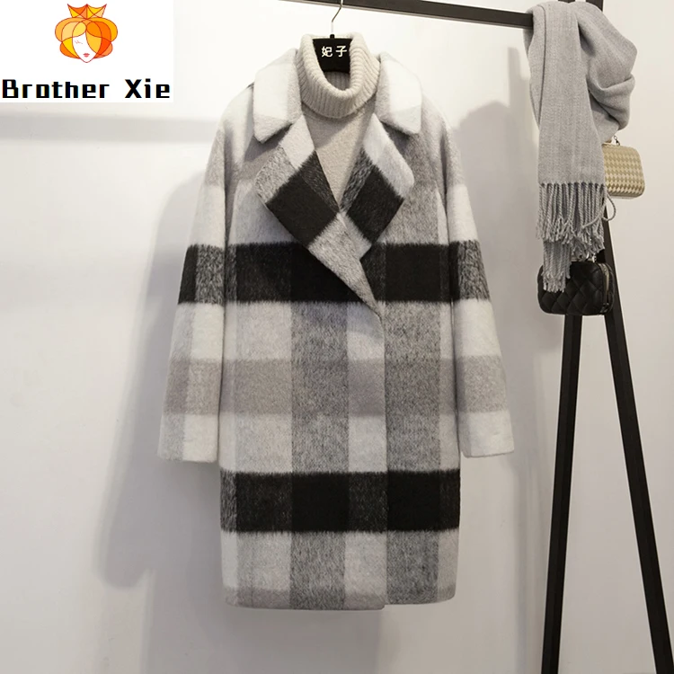 

Spring Simple Retro Loose Long Wool Overcoat Woman V-neck Covered Button Regular Slim Office Lady Plaid Womens Wool Coats