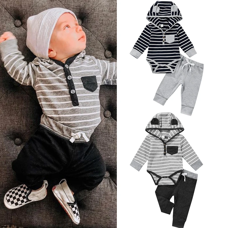 FOCUSNORM-Conjuntos de ropa para bebés de 0 a 18 meses, conjunto de 2 piezas con orejas 3D y capucha, manga larga, pelele estampado a rayas, Tops y pantalones - Madre niños