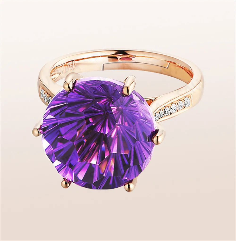 Кольцо с аметистом и кристаллами для женщин, обручальное, большой цветной камень, ювелирные изделия невесты, роскошное 18 К розовое золото, цветное кольцо с крапановой закрепкой камня, алмазный подарок
