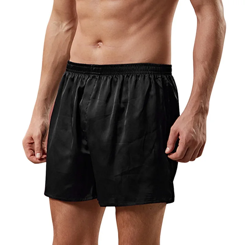 Мужские однотонные шелковистые Пижамные шорты из искусственного атласа, летняя мужская одежда для сна, удобная домашняя одежда, шорты, нижнее белье, мягкие спальные штаны - Цвет: Черный