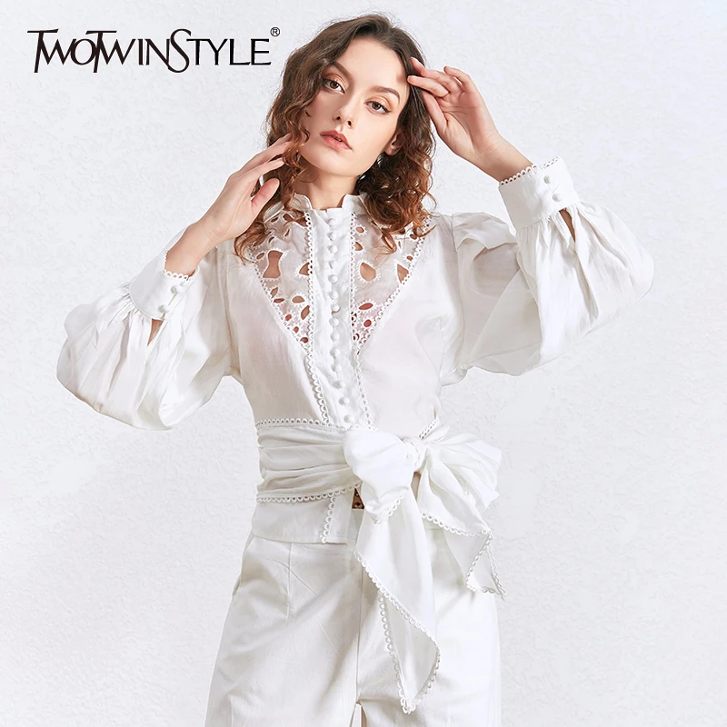 TWOTWINSTYLE Hollow Out Lace Blouses Female Lapel