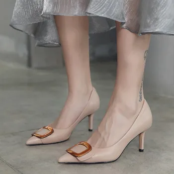 

Spring 2020 fashion commuter single shoes metal buckle thin heel high heel low top shoes