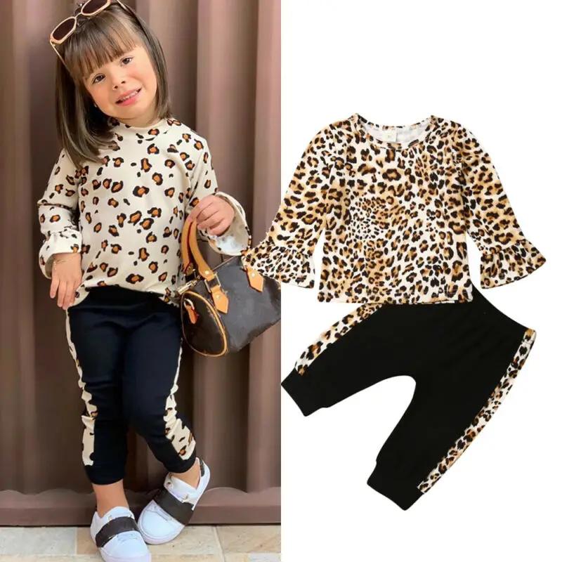 

Toddler Kids Baby Girls Autumn Winter Clothes Leopard Print Tops Flare Long Sleeve T shirt Long Pants Outfits Set