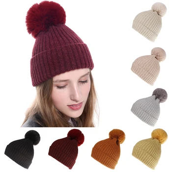 

2019 Winter Hats For Kids Pompom Fur Knitted Beanie Cap Baby Children Fur Pom Pom Hat Girls Boys Warm Outdoor Ski Caps Bonnet