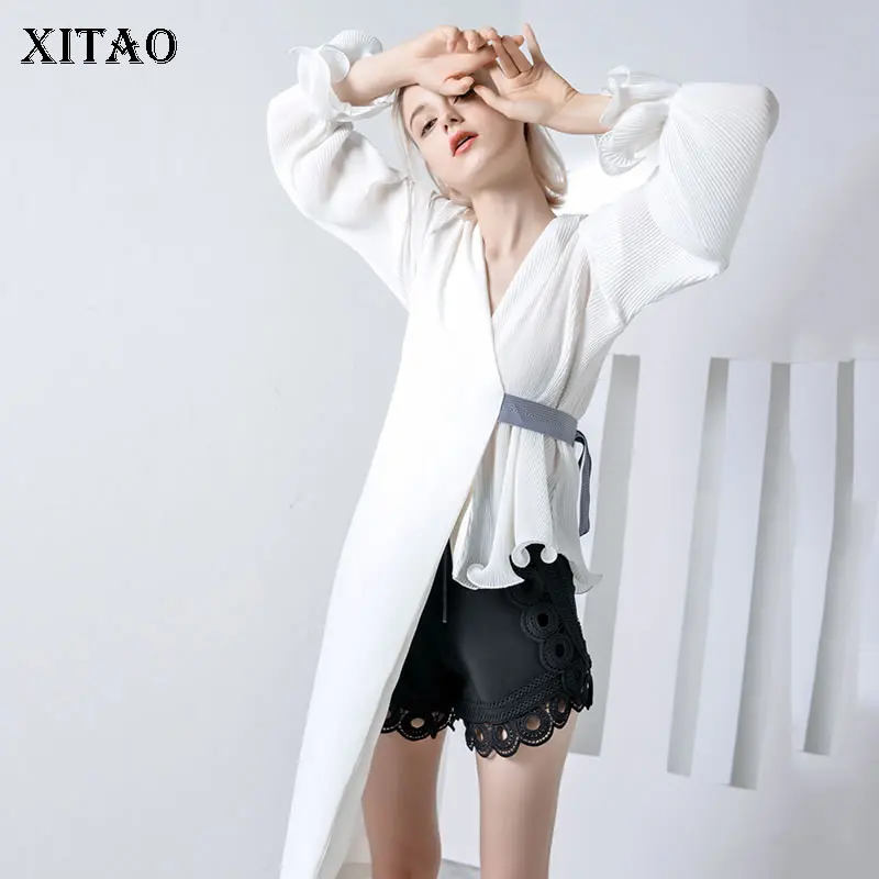 

XITAO Irregular Long Blouse Women Korea Fashion New 2019 Autumn Drawstring V Neck Lantern Sleeve Casual Style Shirt Top ZH1472