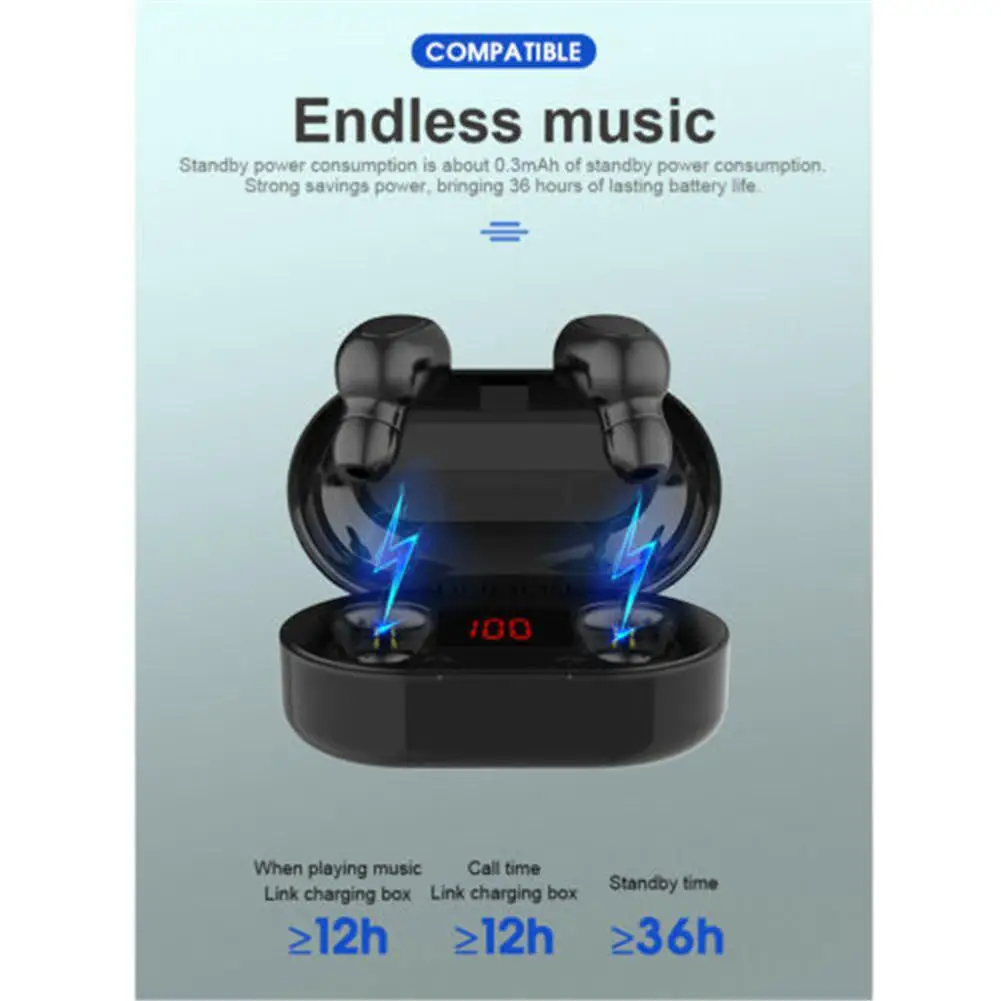 Bluetooth Wireless Headset TWS Mini in Ear Dual Earbuds Music Sport Earphones w Mic Charging Box for Apple iPhone Android