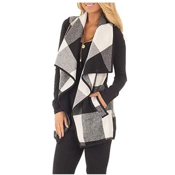 

Autumn Office Ladies Vest Sleeveless Turn Down Neck Open Front Jacket Check Plaid Pocket Cardigan Casual Women Long Waistcoat