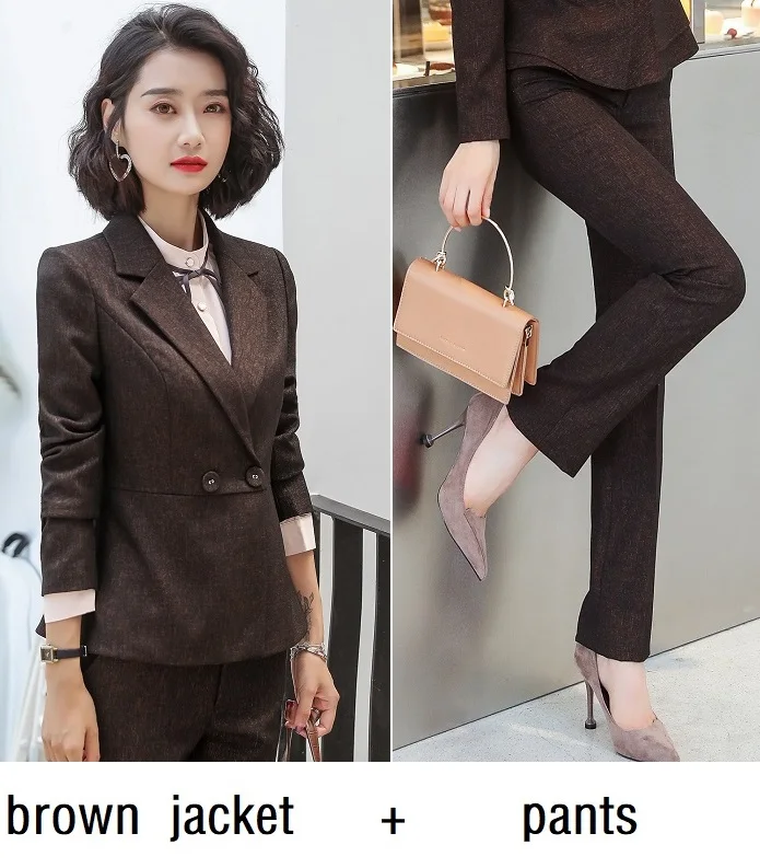 brown jacket pants Женские костюмы, тонкая осенне-зимняя однотонная куртка, брюки, комплект из 2 предметов, Деловые женские брючные костюмы, женские костюмы, 8259 - Цвет: brown jacket pants