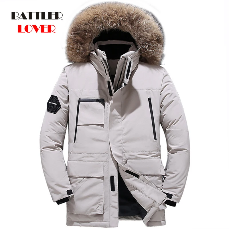 2019 Winter Down Parkas Real Fur Collar Mens Thermal Thick Parka Male Warm Outwear Fashion 90% White Duck Down Jacket Men Coats