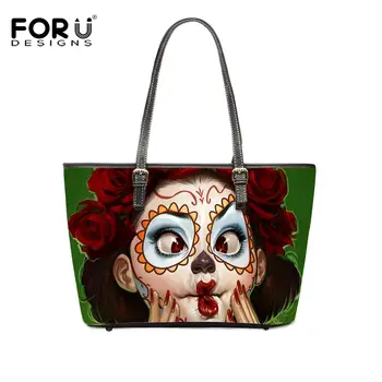 

FORUDESIGNS Day of Dead/Death Print Pu Leather Women Handbag Punk Skull Pattern Top-handle Luxury Lady Shoulder Gothic Bag Mujer