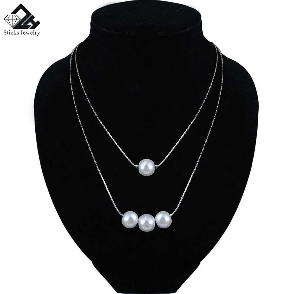 

Glass Pearl Necklaces & Pendants For Women Silver Color Layered Long Chain Female Pendant Necklace Fashion Jewelry