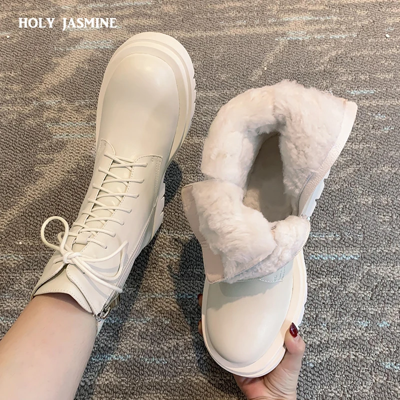 Женские ботильоны из натуральной кожи на шнуровке и платформе теплые зимние