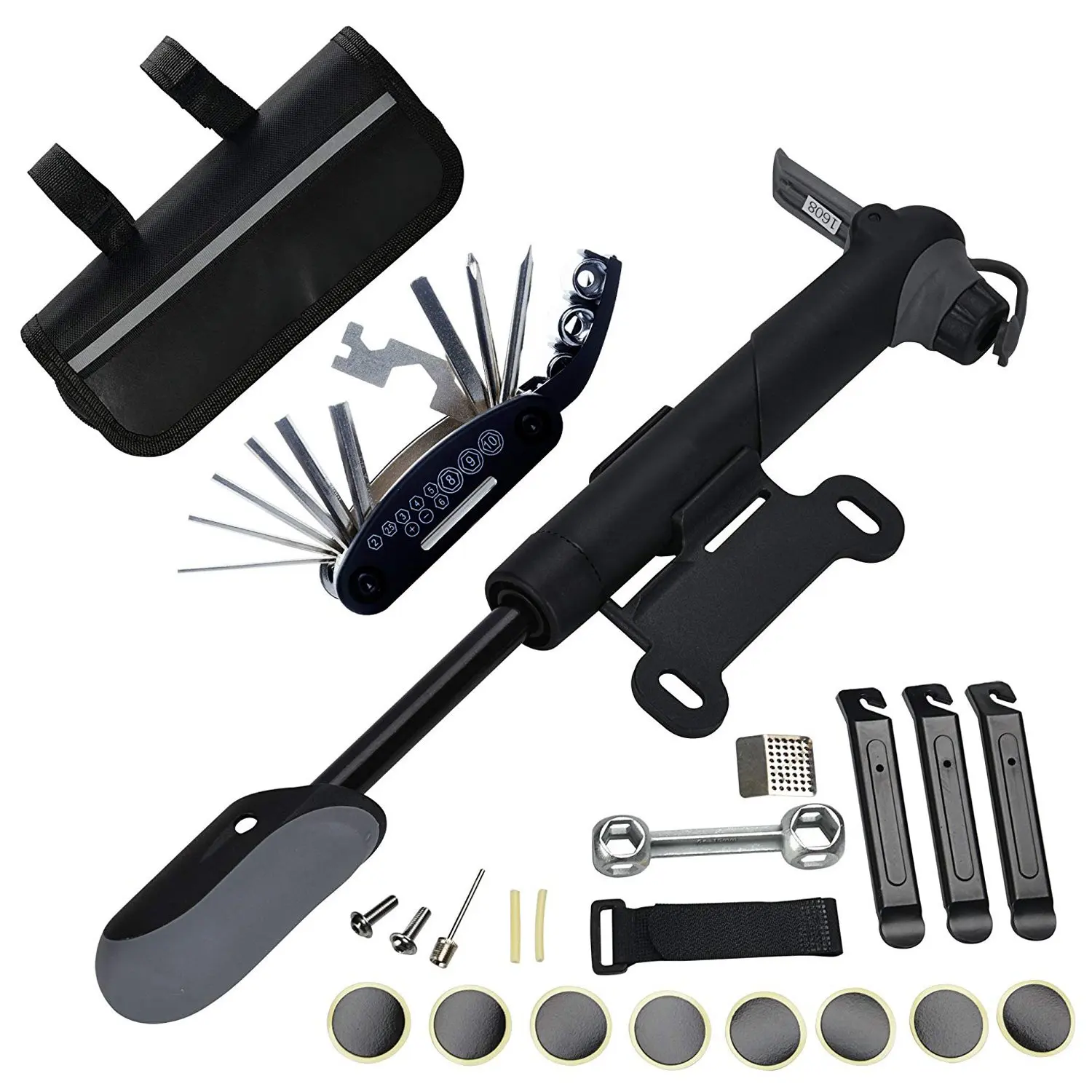 

bicycle Repair tool set A35 bicycle tool bag with 120 psi Mini bicycle pump, Multitool, tire lever and self-adhesive bicycle adj