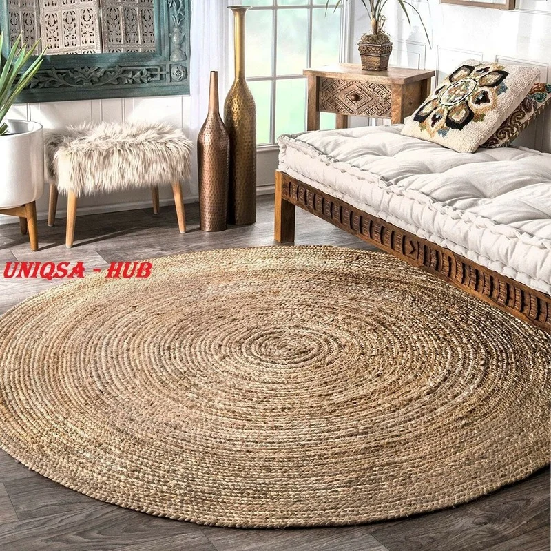 Jute Round Rug 100% Natural 5x5 Feet Braided Style Reversible Modern Area Rugs 