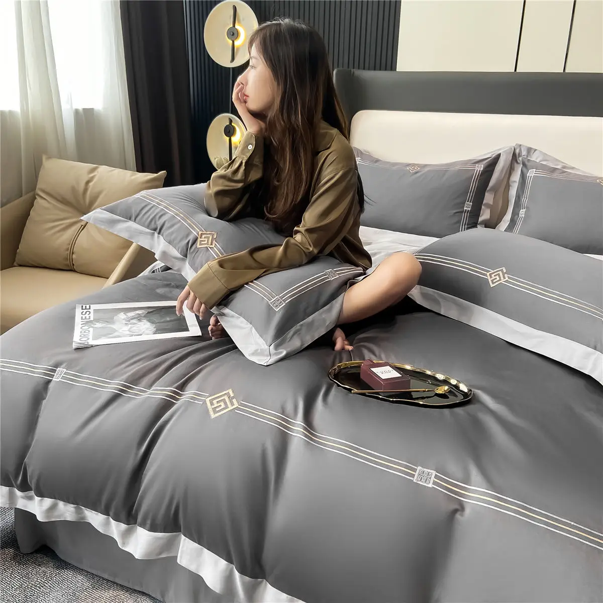 OLOEY Bedding set Egyptian cotton 100S Phnom Penh duvet cover flat sheet pillowcases Soft bed sets Embroidery