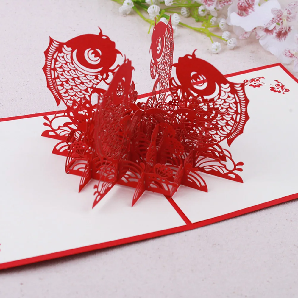 15x15cm Up Folding Gift 3D Pig Greeting Card Red Paper Carving New Year Hollowed Out Gratitude Chinese Characters Fish