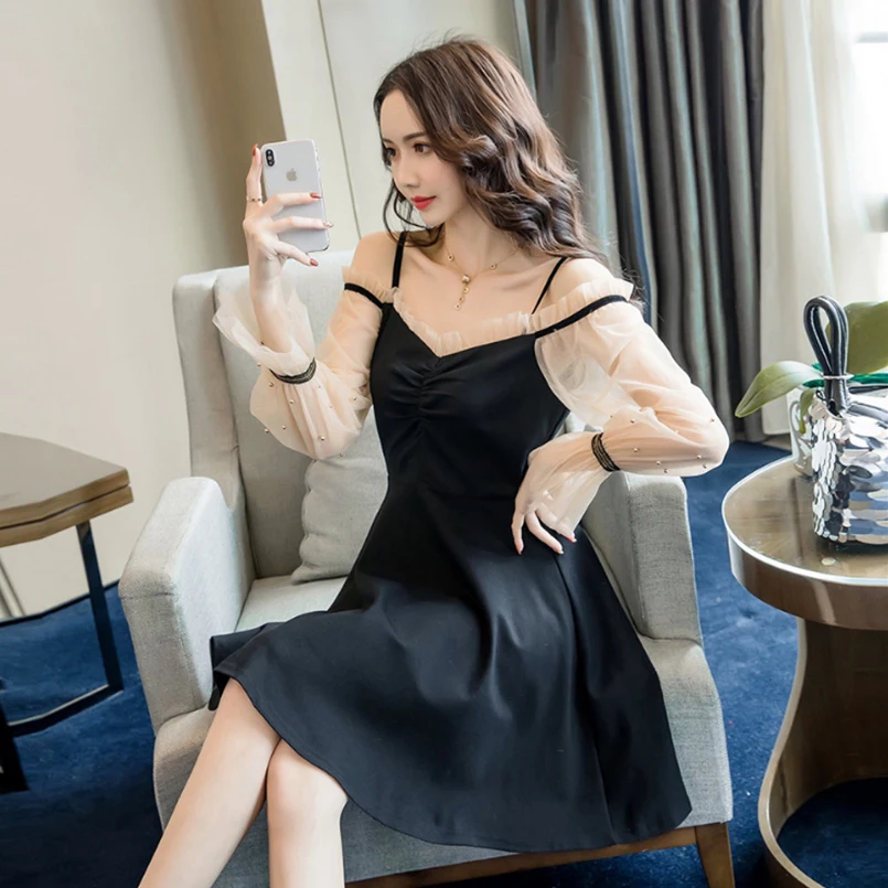 

Spring and autumn new style Mesh beaded collar dress Sexy temperament strap dress Spliced slim long-sleeved dress