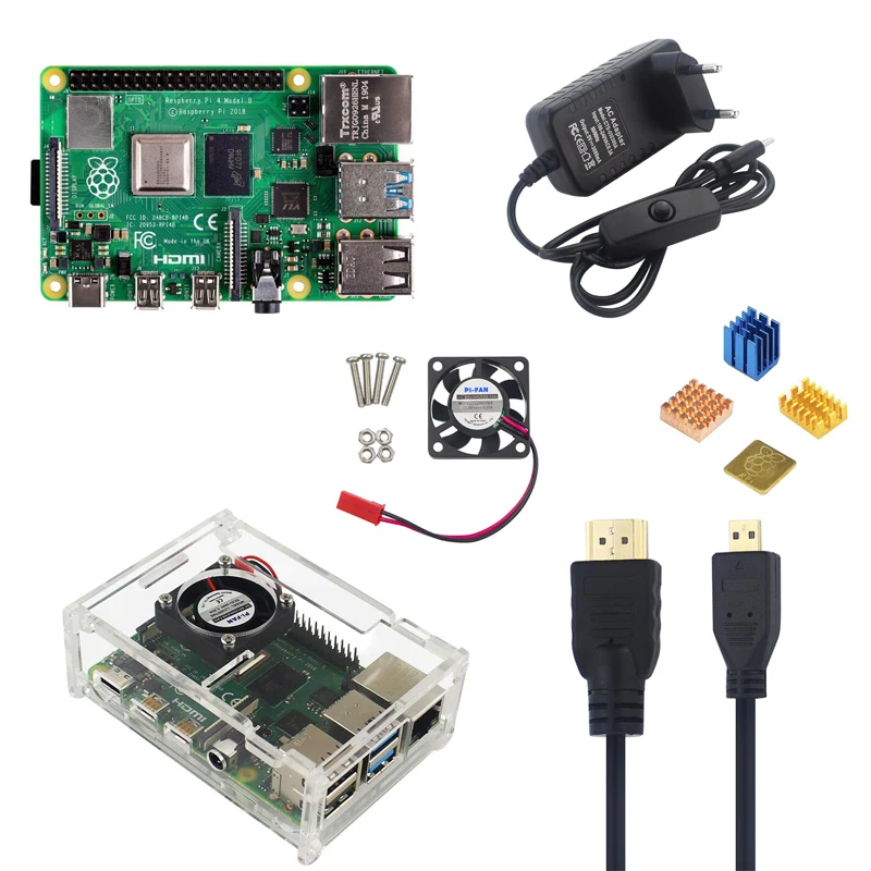 New Raspberry Pi 4 Model B 4G Kit with 5V 3A Power Adapter Acrylic Case Cooling Fan HMDI Cable Heat Sink 16/32G SD Card Optional