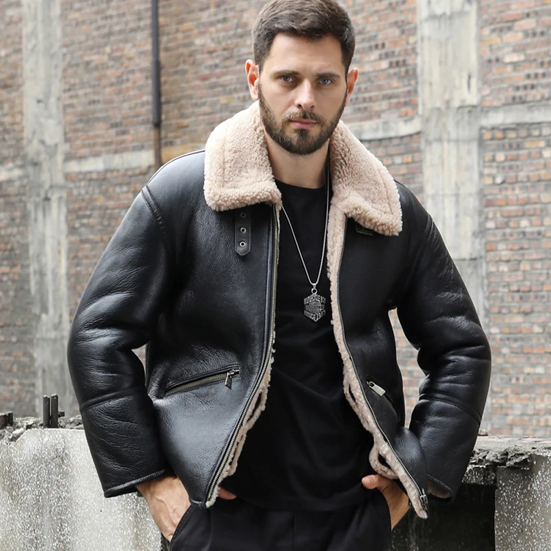 

New Mens Sheepskin Shearling Jacket Black Leather Jacket Short Motorcycle Jacket Thicken Fur Coat Mens Casual Coat