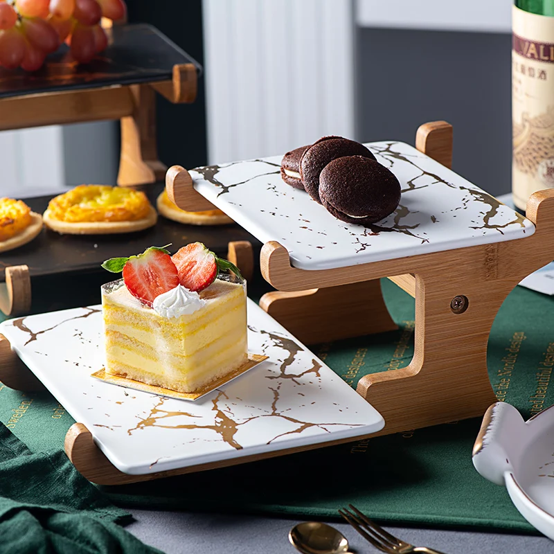 Европейская креативная Имитация Мрамора Двойная подставка для торта с деревянным дном послеобеденный чай десертный стол поднос для фруктов керамическое блюдо