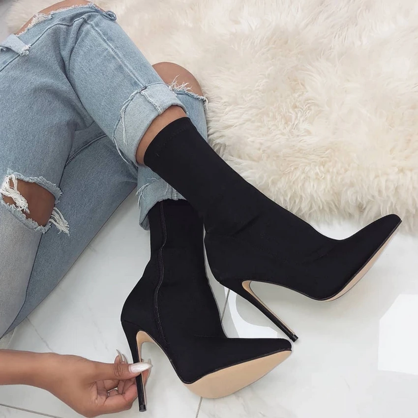 New Womens Sock Boots Winter Ankle Boots Woman Stretch Fabric High Heels Boot Ladies Chaussure Lady High Heel Shoe