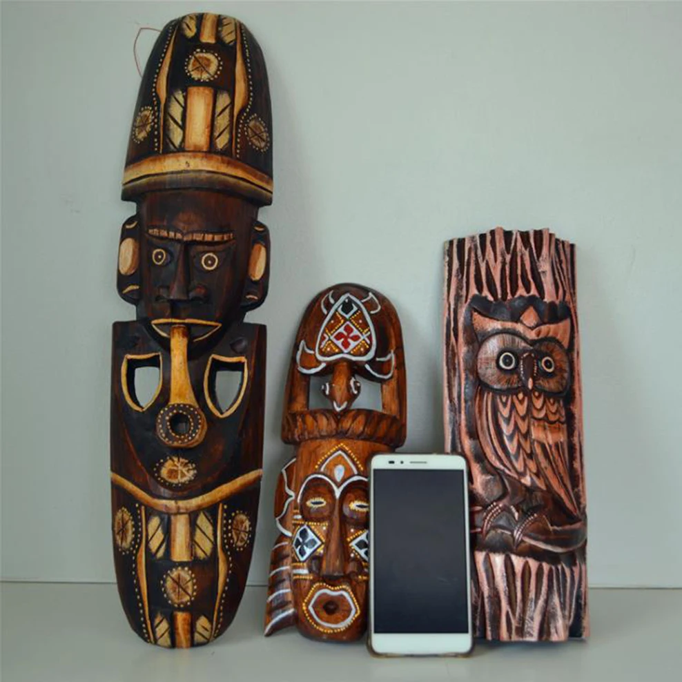 Thai Wood Carving Mask Wall Hanging Retro Wooden Crafts Home Bar Club Wall Decoration Wooden Retro Facebook Pendant 3
