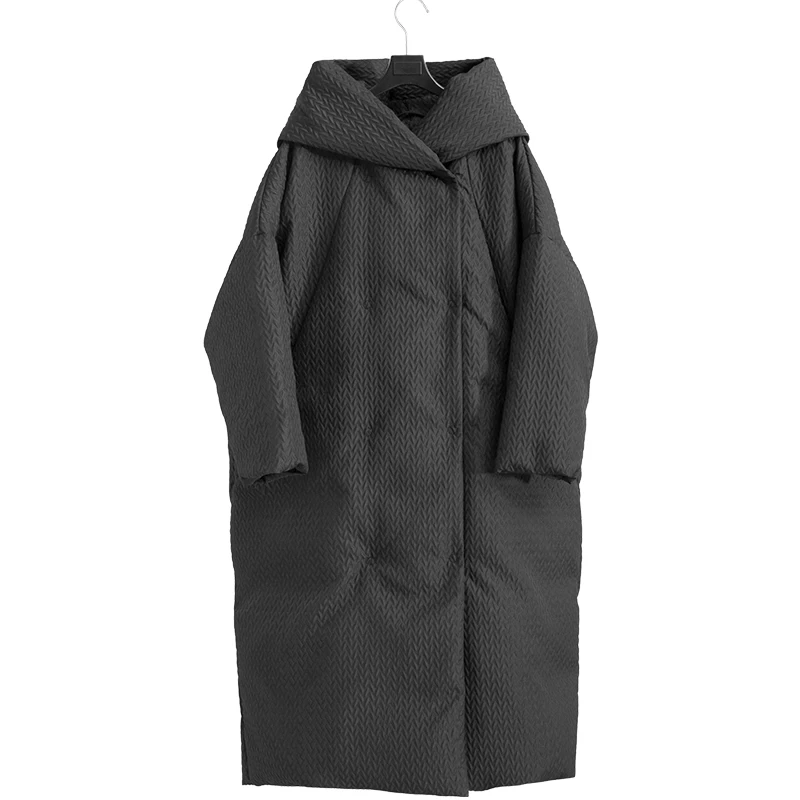 Дизайн, женская зимняя теплая куртка, плюс размер, больше размера, d, X-Long, с капюшоном, белый утиный пух, куртка, жаккард, повседневная, свободная, пуховик - Цвет: Черный
